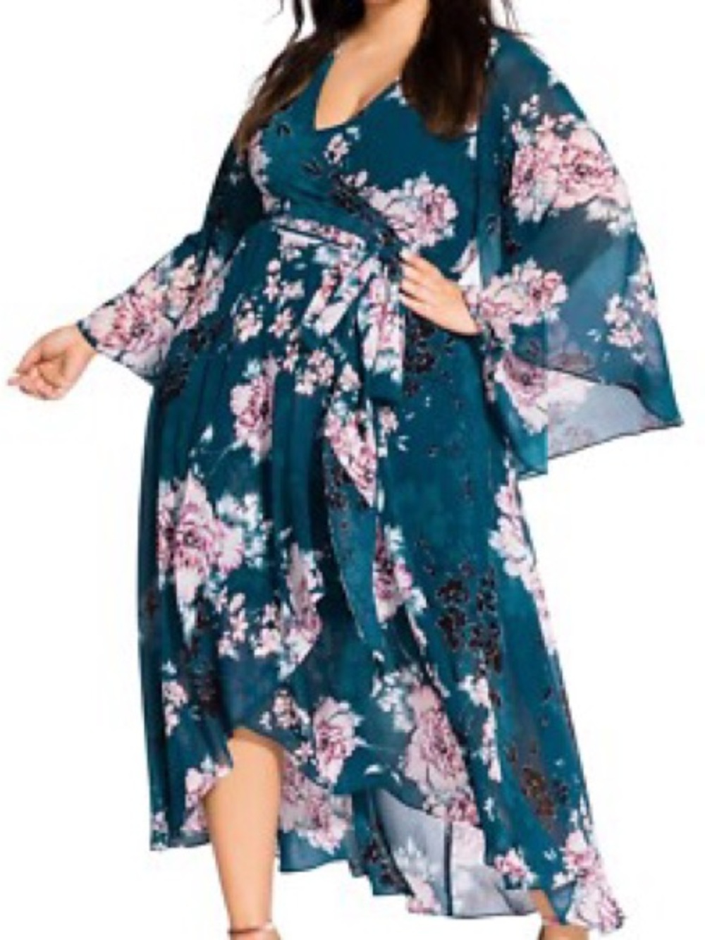 Teal Floral Wrap Maxi Dress with Pink Blossoms